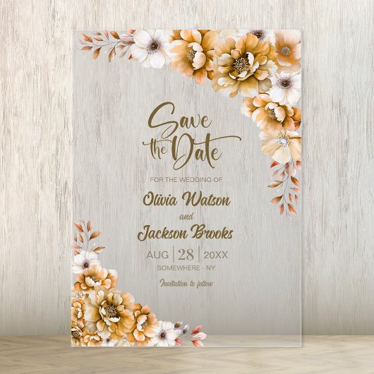 Stilvolle Orange Floral Wedding Save the Date Acryleinladungen