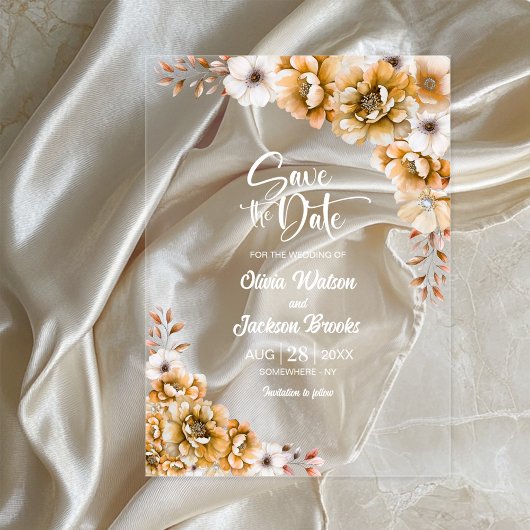 Stilvolle Orange Floral Wedding Save the Date Acryleinladungen