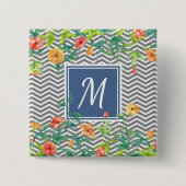 Stilvolle Orange Floral Zickzack Chic Blue Monogra Button (Vorderseite)