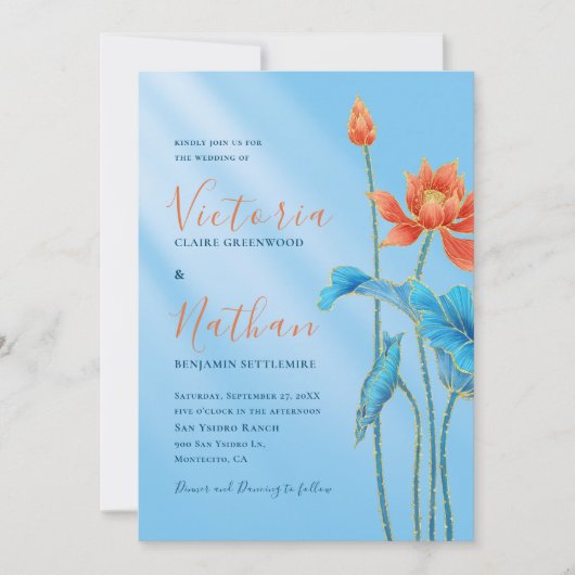 Stilvolle Orange Lotus Blume Blue Wedding Einladung (Vorderseite)