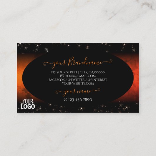 Stilvolle Orange Marble Black Glitzer Stars Logo h Visitenkarte (Rückseite)