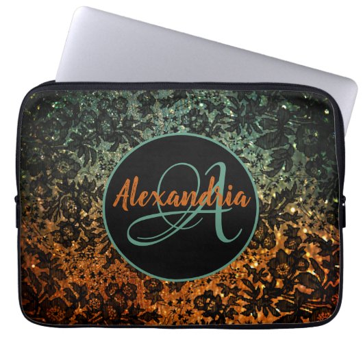 Stilvolle Orange- und Green Black Floral Monogram Laptopschutzhülle (Vorderseite)