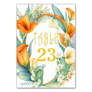Stilvolle Orange und Ivory Calla Lily Tischnummer