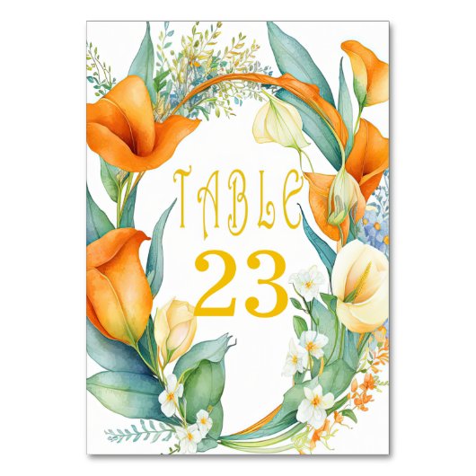 Stilvolle Orange und Ivory Calla Lily Tischnummer (Vorderseite)