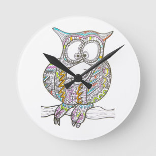 Stilvolle, owl-adorable Tinte Doodle Kunst Runde Wanduhr