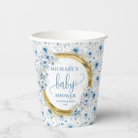 Stilvolle pastellblaue Blumen goldfarbenes Party m Pappbecher (Vorderseite)