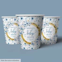 Stilvolle pastellblaue Blumen goldfarbenes Party m Pappbecher