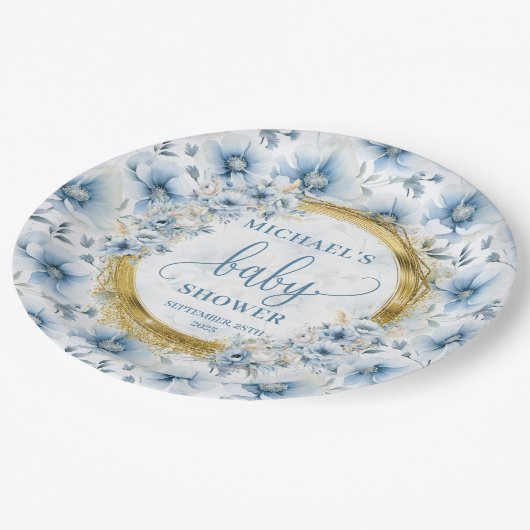 Stilvolle pastellblaue Blumen goldfarbenes Party m Pappteller (Schrägansicht)