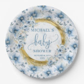 Stilvolle pastellblaue Blumen goldfarbenes Party m Pappteller (Vorderseite)