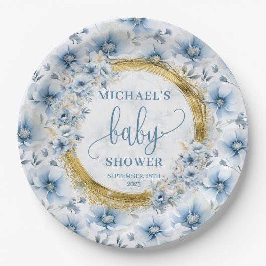Stilvolle pastellblaue Blumen goldfarbenes Party m Pappteller (Vorderseite)