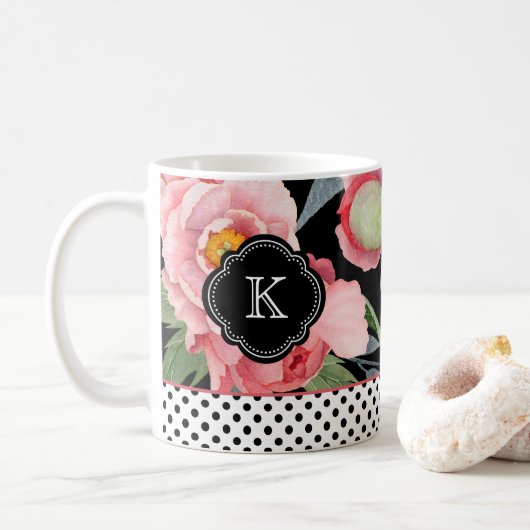 Stilvolle Peonies und Polka Punkte mit Monogramm Kaffeetasse (Mit Donut)