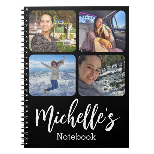 stilvolle personalisierte 4-Foto-Collage Schwarz-w Notizblock (Vorderseite)