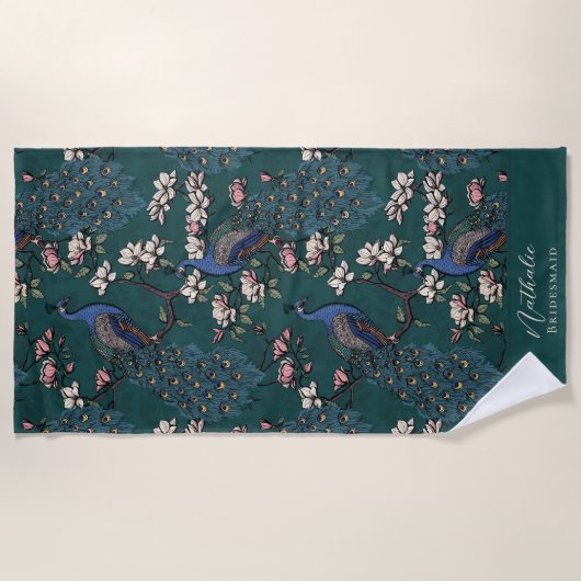 Stilvolle Pfau und Blume Bridesmaid Aquamarin Strandtuch (Vorderseite)