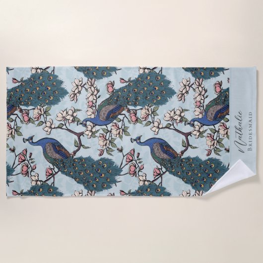 Stilvolle Pfau und Blume Bridesmaid Blue Strandtuch (Vorderseite)