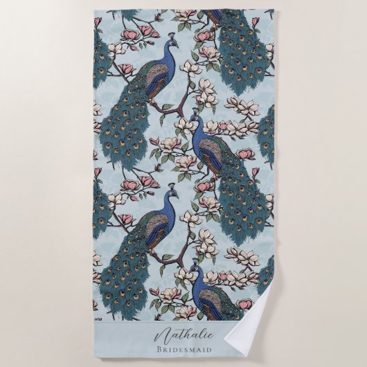 Stilvolle Pfau und Blume Bridesmaid Blue Strandtuch (Vorderseite)