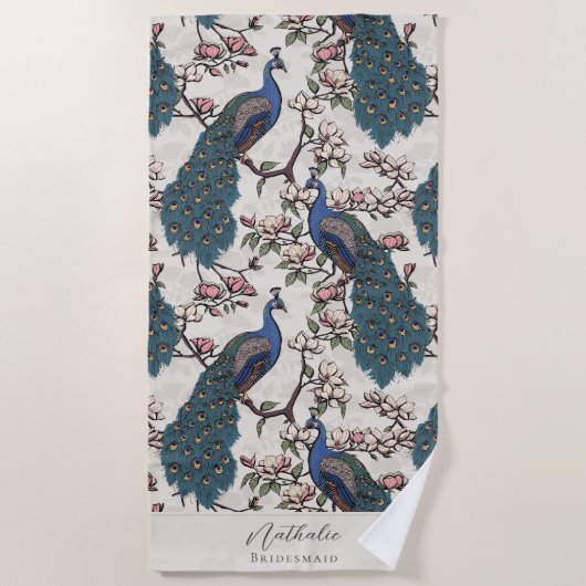 Stilvolle Pfau und Blume Bridesmaid Strandtuch (Vorderseite)