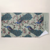 Stilvolle Pfau und Blume Bridesmaid Weiß Grün Strandtuch (Vorderseite)