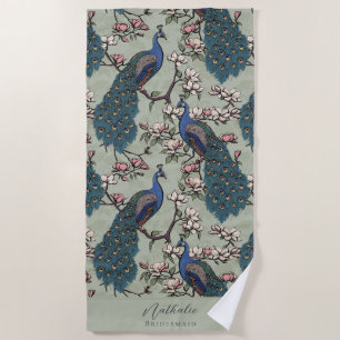 Stilvolle Pfau und Blume Bridesmaid Weiß Grün Strandtuch