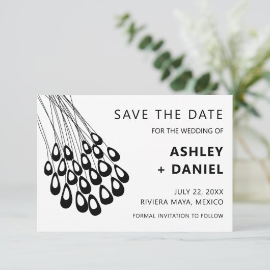 Stilvolle Pfauenfederung Hochzeit Sichern Sie das Save The Date (Stehend Vorderseite)