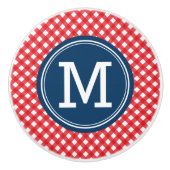 Stilvolle Picnic Red Gingham und Blue Monogram Keramikknauf (Vorderseite)