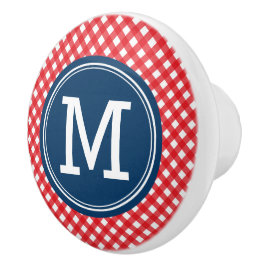 Stilvolle Picnic Red Gingham und Blue Monogram Keramikknauf