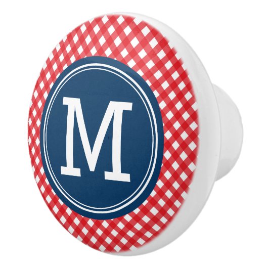 Stilvolle Picnic Red Gingham und Blue Monogram Keramikknauf (Rechts)