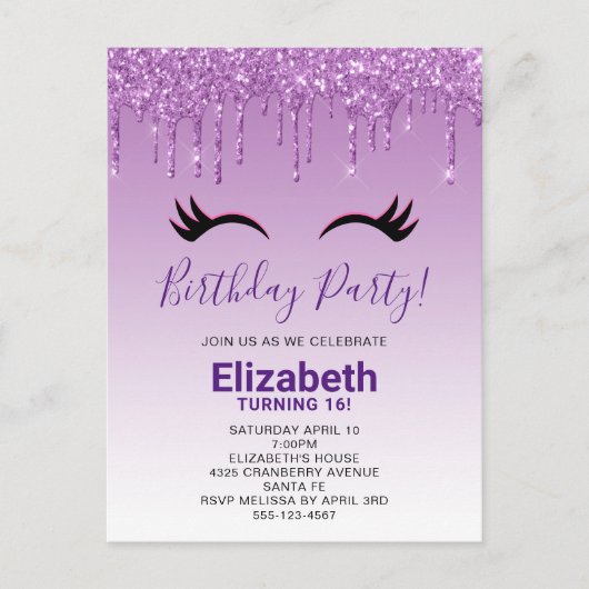 Stilvolle Pink & Black Eyelashes beim Drippen von  Einladungspostkarte (Vorderseite)