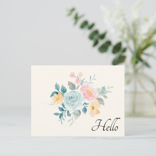 Stilvolle Pink & Blue Blume Bouquet Hello Postkarte (Stehend Vorderseite)