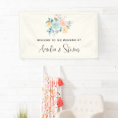 Stilvolle Pink & Blue Blume Bouquet Wedding Empfan Banner (Insitu)
