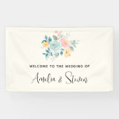Stilvolle Pink & Blue Blume Bouquet Wedding Empfan Banner (Horizontal)