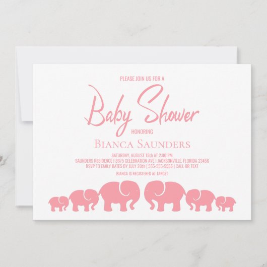 Stilvolle Pink Elephants Babydusche Einladung (Vorderseite)