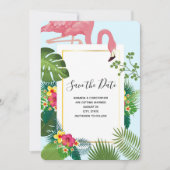 Stilvolle Pink Flamingo und tropische Blätter Hoch Save The Date (Vorderseite)