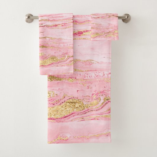 Stilvolle Pink Gold Abstrakt Marble Liquid Paint Badhandtuch Set (Insitu)