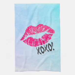 Stilvolle Pink Kissy Lips mit Xoxo! Blaue Farbe Geschirrtuch