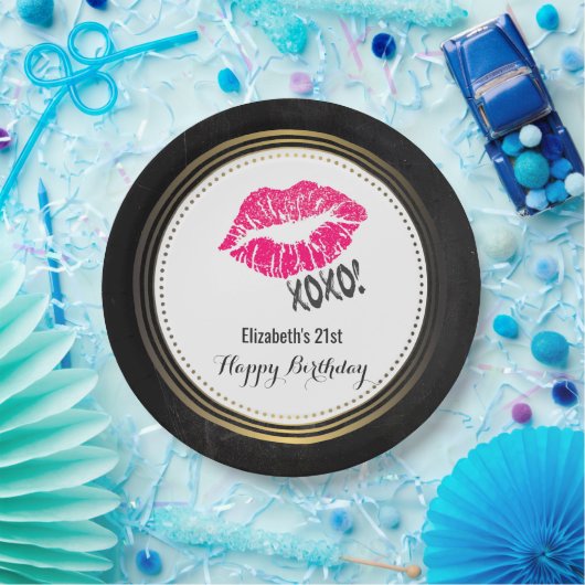 Stilvolle Pink Kissy Lips mit Xoxo! Happy Birthday Pappteller (Party)