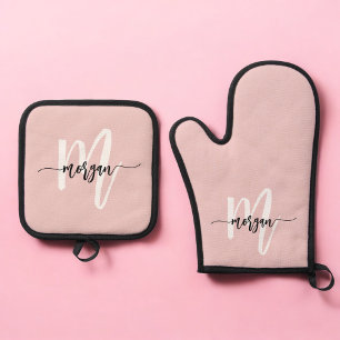 Stilvolle Pink Monogram Girl's Kitchen Script Ofenhandschuh & Topflappen-Set