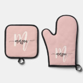 Stilvolle Pink Monogram Girl's Kitchen Script Ofenhandschuh & Topflappen-Set (Vorderseite)
