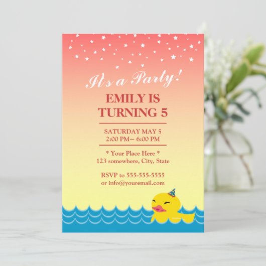 Stilvolle Pink Star Sky Niedlich Rubber Duck Gebur Einladung (Stehend Vorderseite)
