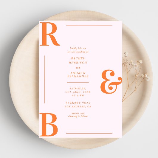 Stilvolle Pink- und Orange-Monogram-QR-Hochzeit Einladung