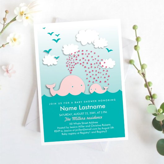 Stilvolle Pink Whales Herzens Mint Baby Dusche Einladung