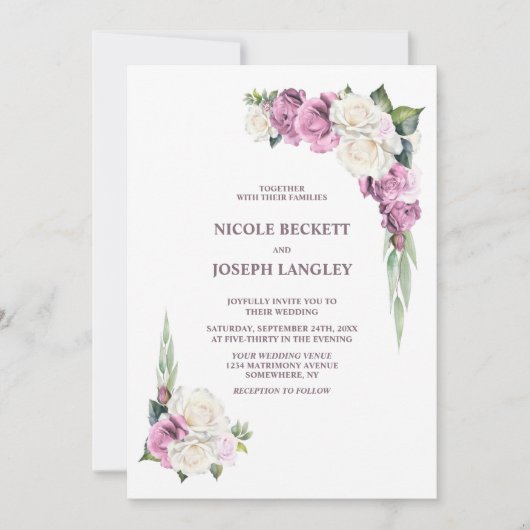 Stilvolle Pink White Rose Floral Wedding Einladung (Vorderseite)