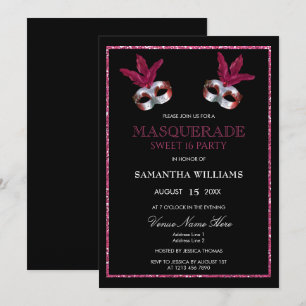 Stilvolle pinke Glitter-Masquerade Sweet 16 Einladung
