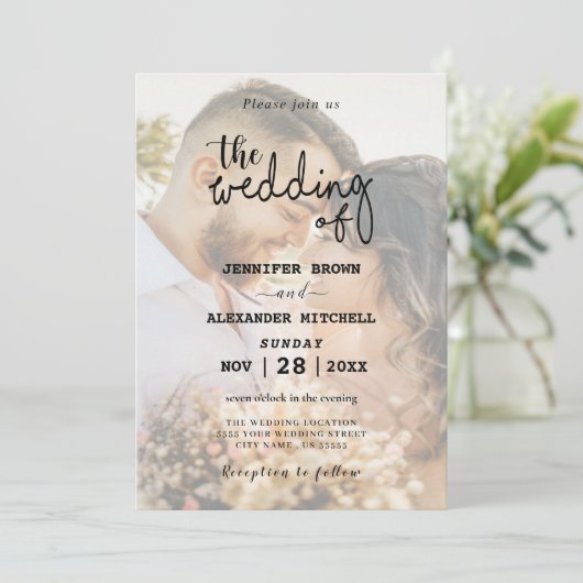 Stilvolle QR Code Overlay Foto Einladung Hochzeit (Stehend Vorderseite)