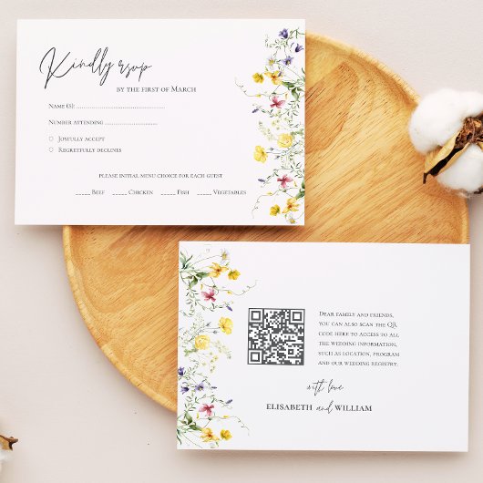 Stilvolle Qr Code Wasserfarben Wildblumen Hochzeit RSVP Karte