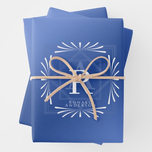 Stilvolle Rahmen Blue Monogram Wrapping Paper Shee Geschenkpapier Set (Beispiel)