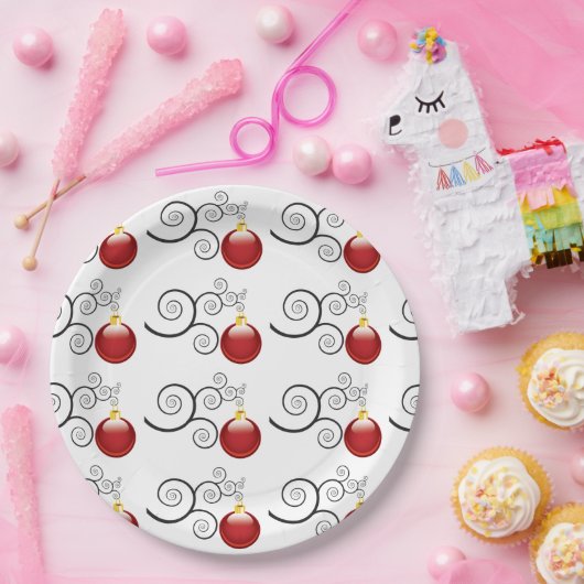 Stilvolle Red Christmas Ornament Pattern Pappteller (Party)