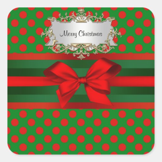 Stilvolle Red & Green Polka Dot Ribbon Weihnachten Quadratischer Aufkleber (Vorderseite)