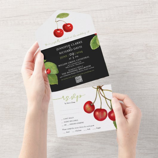 Stilvolle Red White Black Cherry Frucht QR Hochzei All In One Einladung (Abreißen)