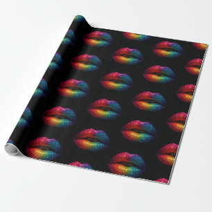 Stilvolle Regenbogenlips-Glitzer schwarz Geschenkpapier