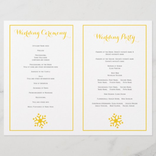 Stilvolle Reihen von gelben Schneeflocken Hochzeit (Rückseite)